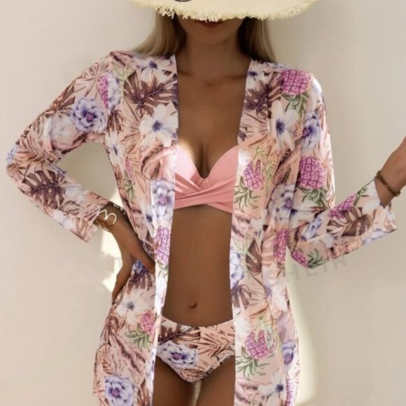 Boho 3 piece Floral Swim Suit Tropical Mesh Bikini Wrap and Kimono - Picture 2 of 5